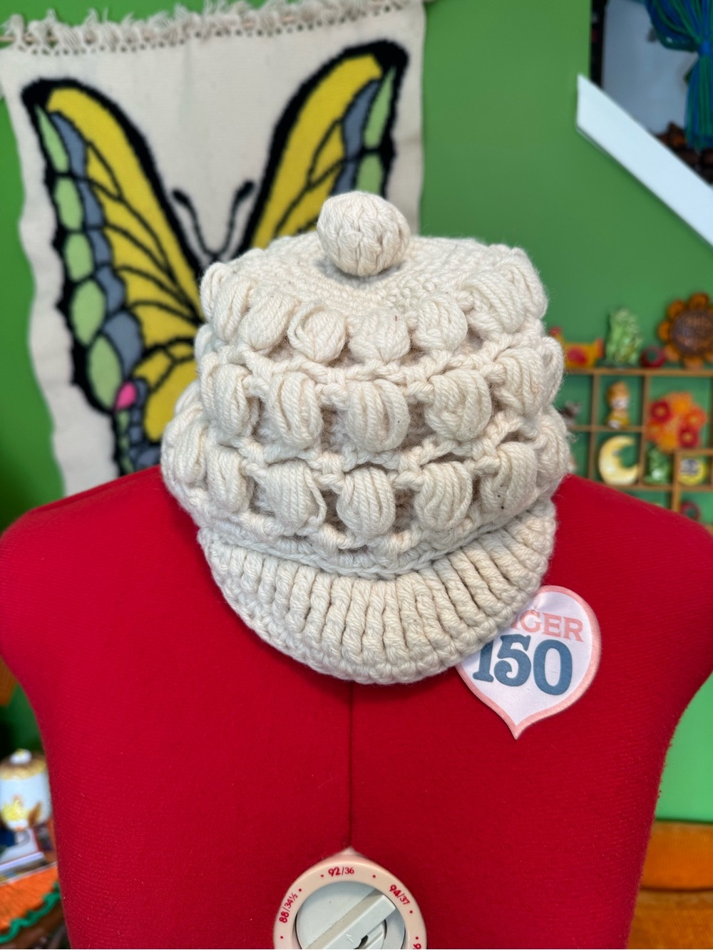 Kids Cream Knit Pom-Pom Visor Hat